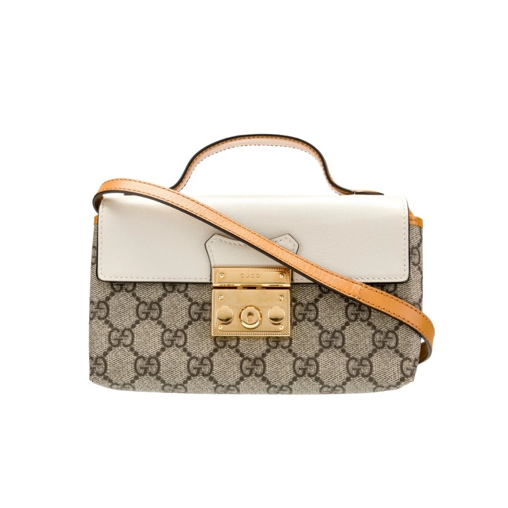 Gucci Beige GG Supreme Canvas Crossbody with White Flap and Tan Strap